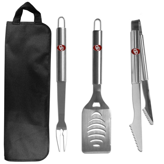Oklahoma Sooners 3 pc Stainless Steel BBQ Set with Bag (SSKG) - 757 Sports Collectibles