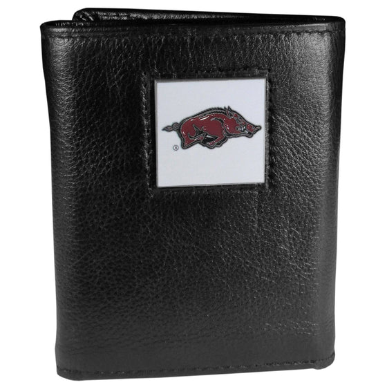 Arkansas Razorbacks Deluxe Leather Tri-fold Wallet Packaged in Gift Box (SSKG) - 757 Sports Collectibles