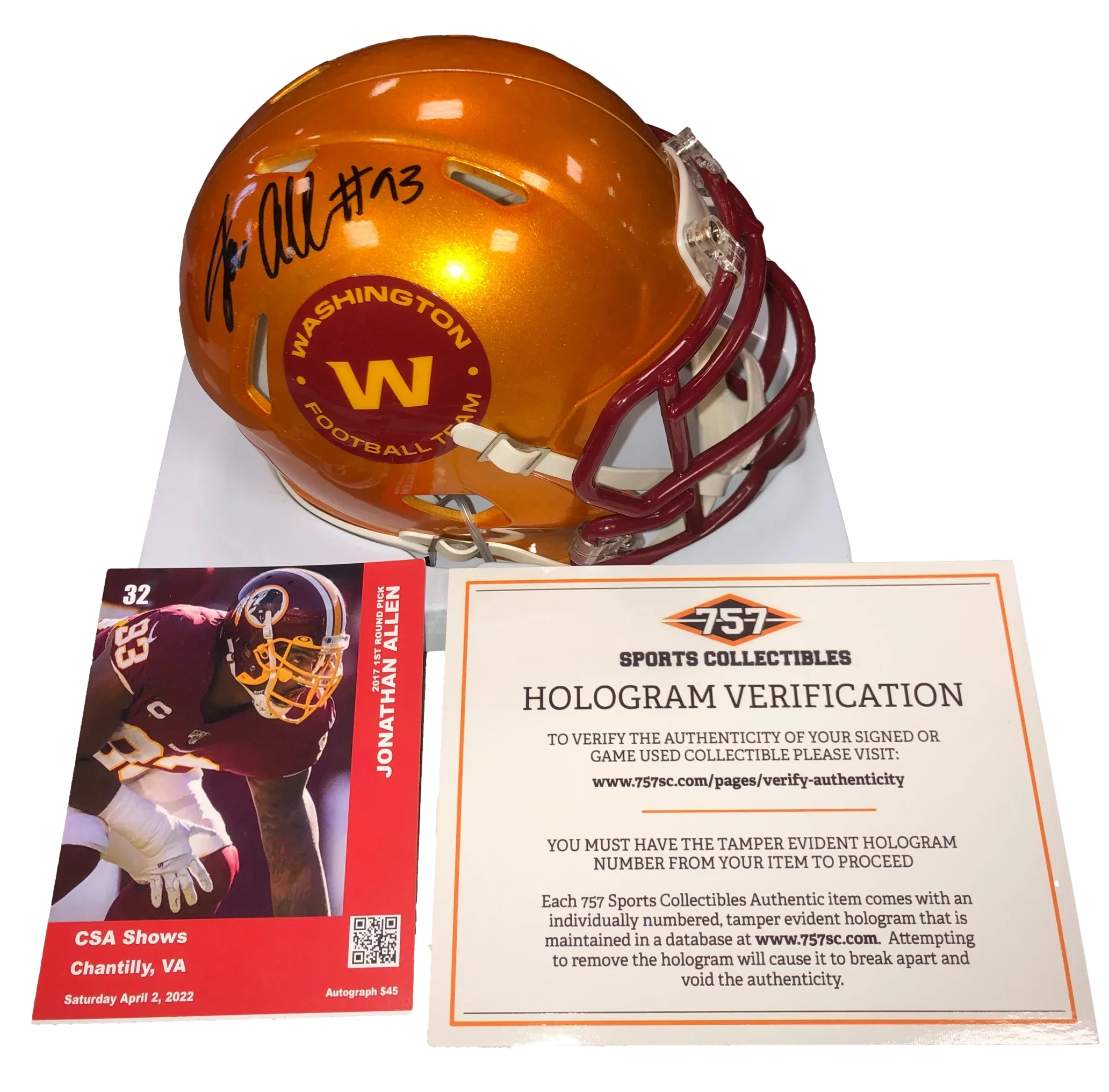 Washington Commanders Jonathan Allen Signed Auto Flash Mini Helmet 757 COA - 757 Sports Collectibles