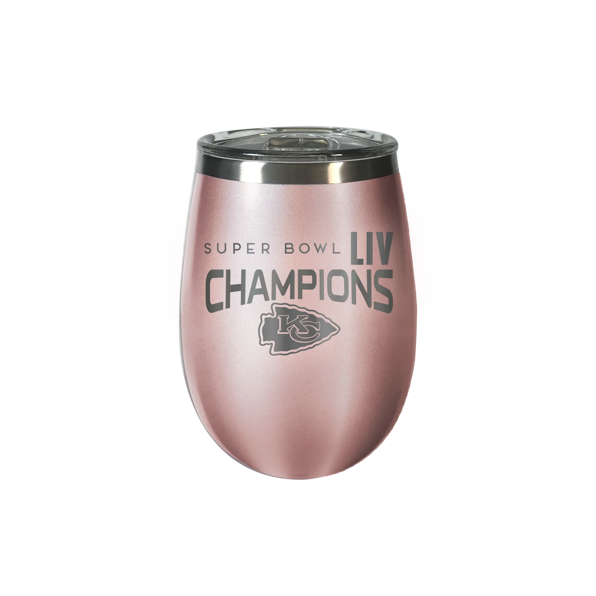 Kansas City Chiefs Super Bowl LIV 54 Champions Rose Gold Etched 12oz Draft Vacuum Sealed Stainless Steel Cooler Tumbler