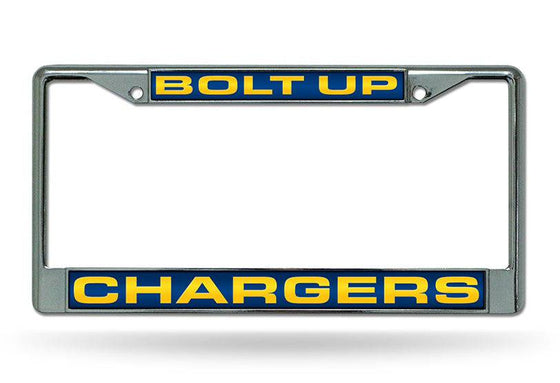 LOS ANGELES CHARGERS “BOLT UP” LASER CUT CHROME LICENSE PLATE FRAME - 757 Sports Collectibles