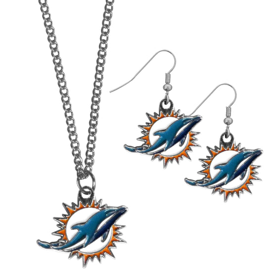 Miami Dolphins Dangle Earrings and Chain Necklace Set (SSKG) - 757 Sports Collectibles