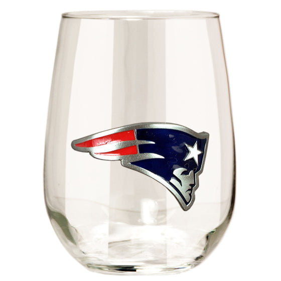 New England Patriots 15 oz. Stemless Wine Glass w/ Metal Emblem