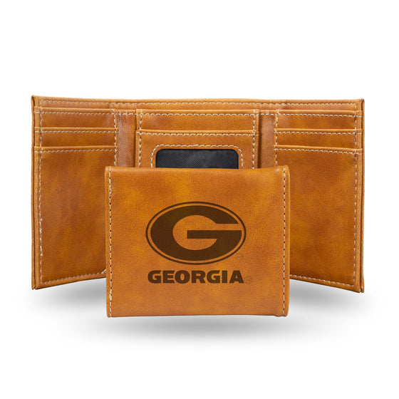 NCAA Georgia Bulldogs Laser Engraved Brown Tri-Fold Wallet   
