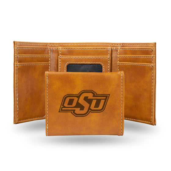 NCAA Oklahoma State Cowboys Laser Engraved Brown Tri-Fold Wallet   