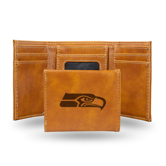 NFL Seattle Seahawks Laser Engraved Brown Tri-Fold Wallet   