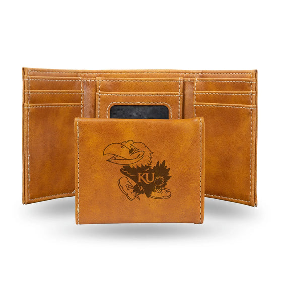 NCAA Kansas Jayhawks Laser Engraved Brown Tri-Fold Wallet   