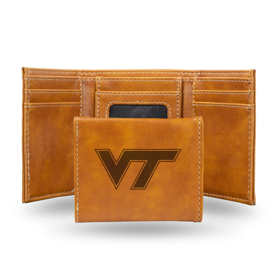 NCAA Virginia Tech Hokies Laser Engraved Brown Tri-Fold Wallet   