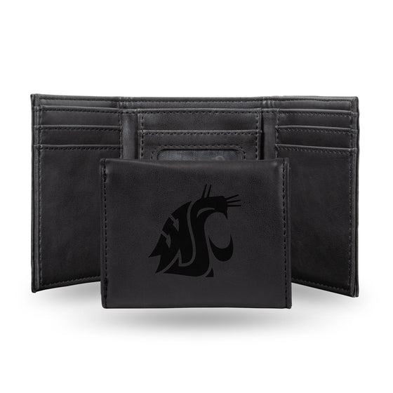 NCAA Washington State Cougars Laser Engraved Black Tri-Fold Wallet   