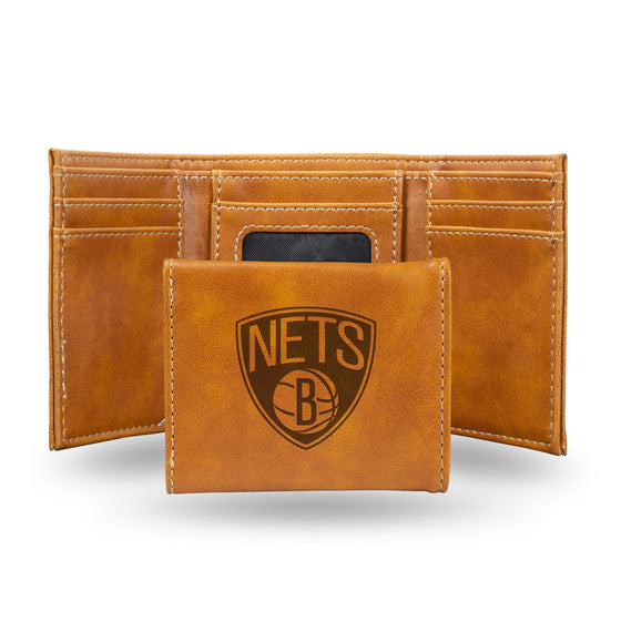 NBA Brooklyn Nets Laser Engraved Brown Tri-Fold Wallet   