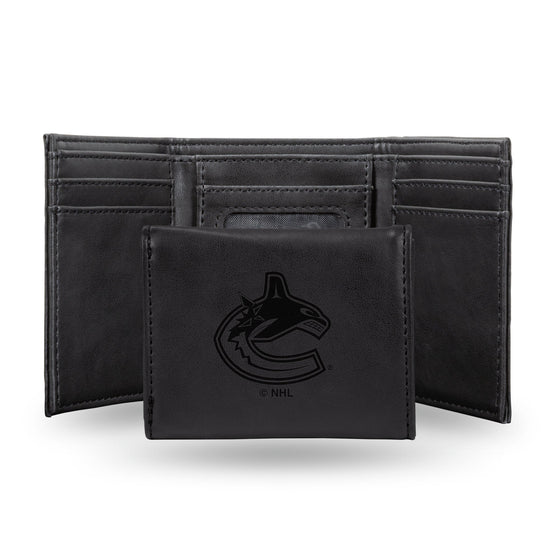 NHL Vancouver Canucks Laser Engraved Black Tri-Fold Wallet   