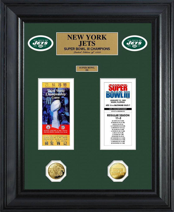 New York Jets Super Bowl Ticket and Game Coin Collection Framed (HM) - 757 Sports Collectibles