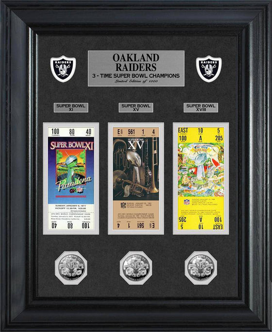 Oakland Raiders Super Bowl Ticket and Game Coin Collection Framed (HM) - 757 Sports Collectibles