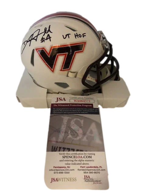 Virginia Tech Hokies DeAngelo Hall 'VT HOF' Signed Auto Wht Mini Helmet JSA W COA - 757 Sports Collectibles