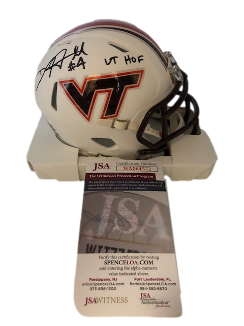 Virginia Tech Hokies DeAngelo Hall 'VT HOF' Signed Auto Wht Mini Helmet JSA W COA - 757 Sports Collectibles