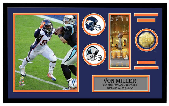 Denver Broncos Super Bowl 50 L Von Miller Ticket & Coin Framed Collection 32x17 - 757 Sports Collectibles