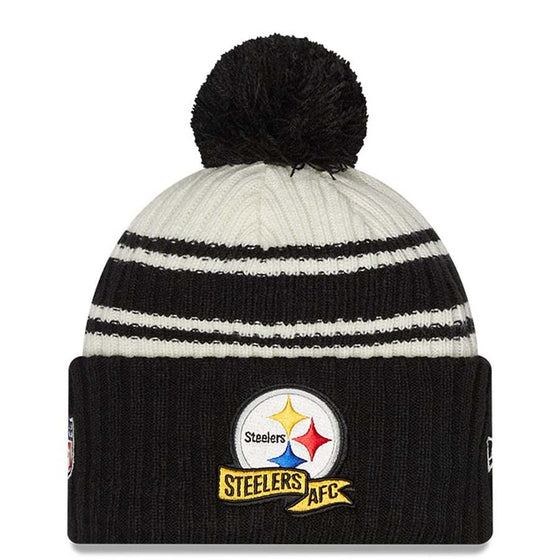 New Era Pittsburgh Steelers Cream/Black 2022 Sideline Sport Cuffed Pom Knit Hat - 757 Sports Collectibles