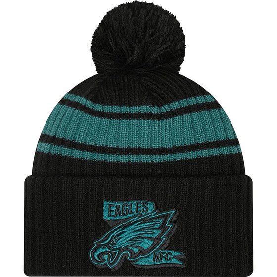 Men's New Era Black/ Philadelphia Eagles 2022 Sideline Cuffed Pom Knit Hat - 757 Sports Collectibles