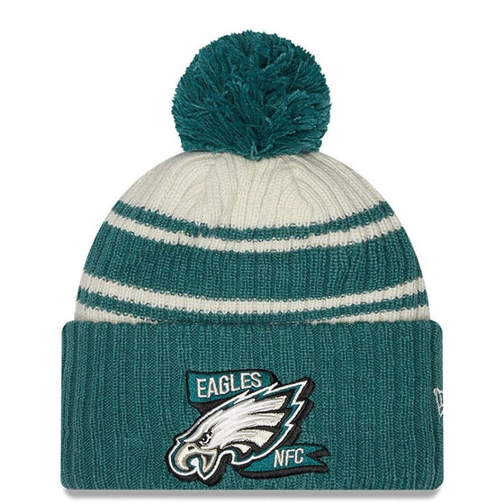 Men's New Era Cream/Green Philadelphia Eagles 2022 Sideline Sport Cuffed Pom Knit Hat - 757 Sports Collectibles