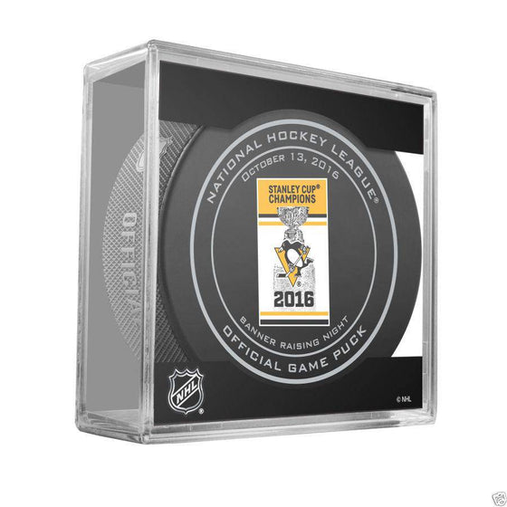 NHL Pittsburgh Penguins 2016 Opening Night Banner Raising Game Puck in Cube - 757 Sports Collectibles