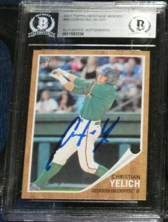 CHRISTIAN YELICH MARLINS SIGNED 2011 TOPPS HERITAGE MINORS CARD BAS SLABBED
