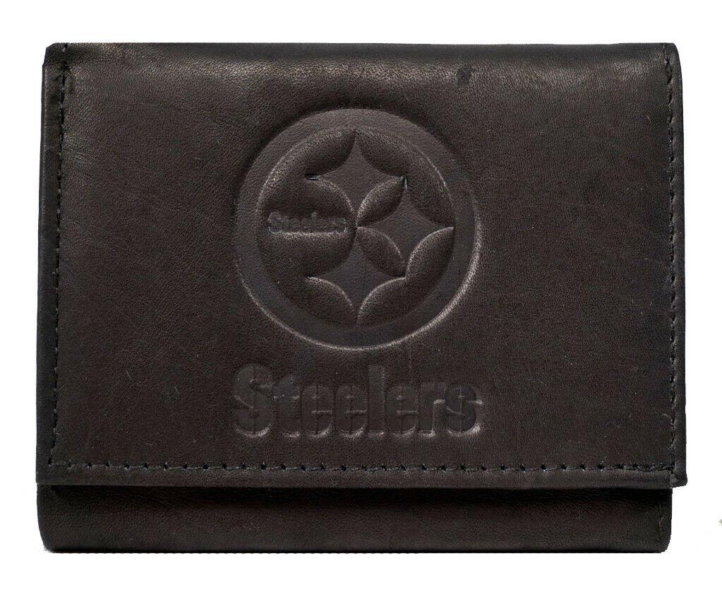 Pittsburgh Football Steelers Distressed Look Embossed Logo Black Leather Wallet