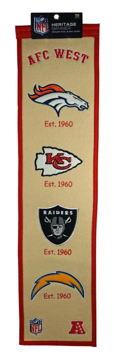 AFC West Division Heritage Banner - Denver Broncos - Los Angeles Chargers - Kansas City Chiefs - Las Vegas Raiders - 757 Sports Collectibles