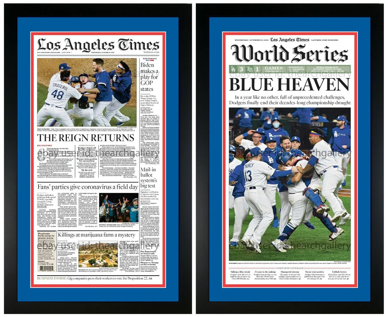 Los Angeles Dodgers 2020 World Series Champions ORIGINAL Newspaper Set Framed!