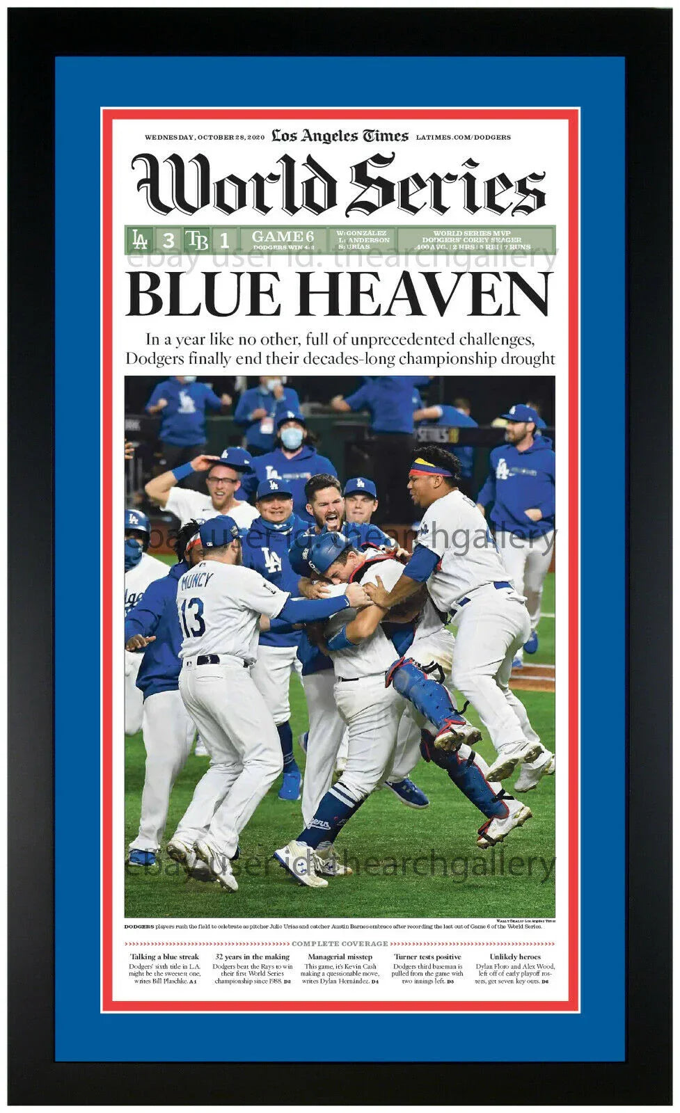 Los Angeles Dodgers 2020 World Series Champions ORIGINAL Newspaper Set Framed!