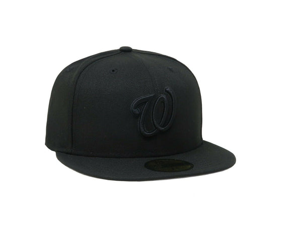 New Era 59Fifty Hat MLB Washington Nationals Mens Fitted Black On Black 5950 Cap - 757 Sports Collectibles