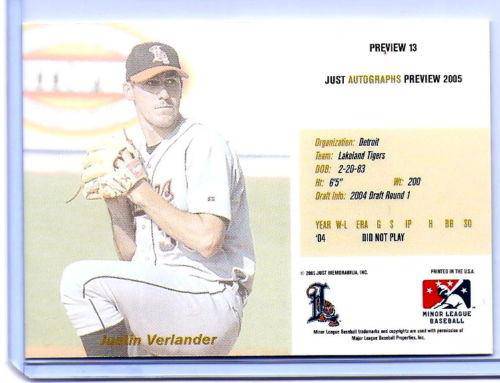 Detroit Tigers Justin Verlander 2005 Just Minors Rookie Card 13 - 757 Sports Collectibles
