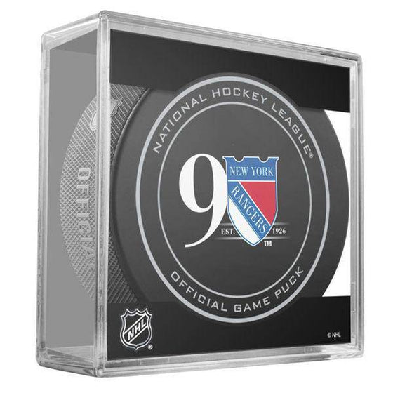 NHL New York Rangers 90th Anniversary Official Game Puck in Display Cube - 757 Sports Collectibles