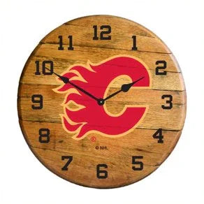 Calgary Flames Oak Barrel Clock
