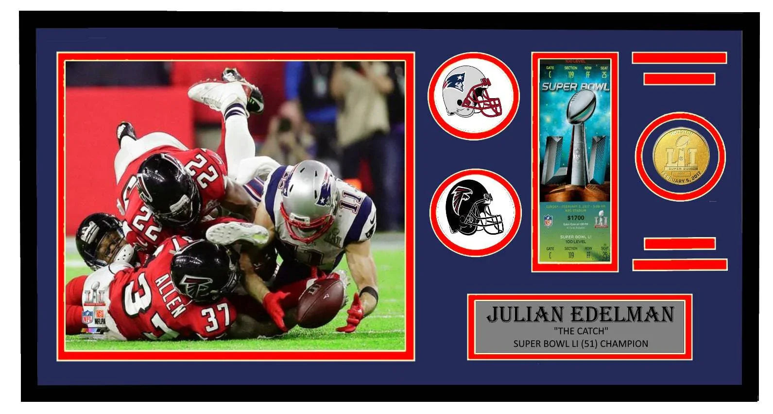 New England Patriots Super Bowl LI Julian Edelman Ticket & Coin Framed Collection 32x17 - 757 Sports Collectibles